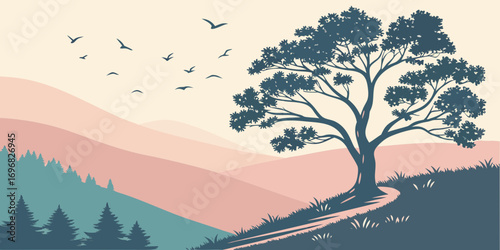 Lone tree on a hill with birds flying in the sky