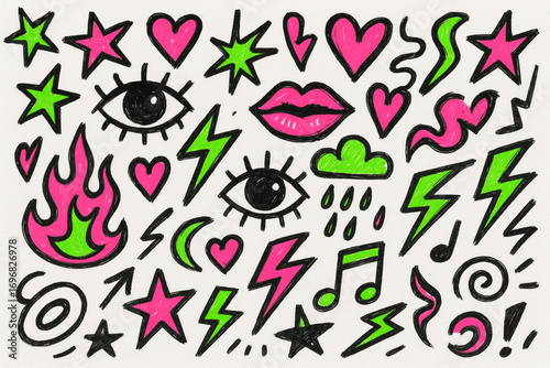 Hand-Drawn Neon Doodle Collage in Graffiti Style with Youthful Expressive Elements