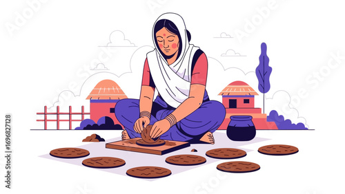 Village Artisan at Work: An Indian woman, adorned in traditional attire, meticulously crafts clay products in a village setting, showcasing cultural craftsmanship and rural life.