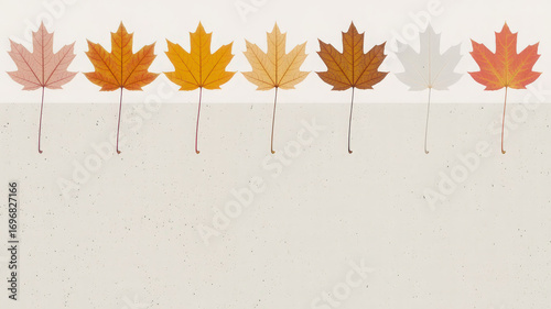 A row of seven maple leaves showing different colors on a white background with space for text