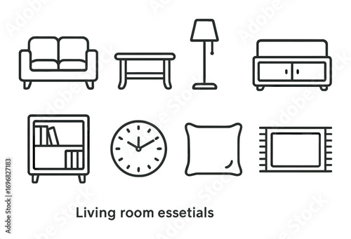 Sewing tools linear icon set. featuring fabric square, rotary cutter, cutting mat, ruler, batting roll, quilt block, pressing iron
