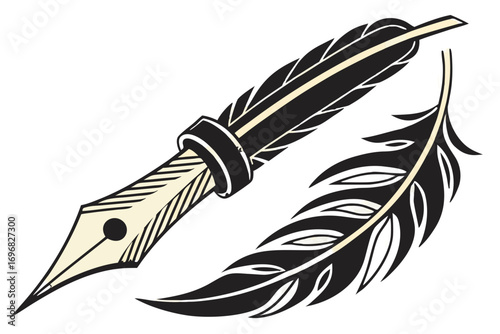 Vintage quill pen and feather