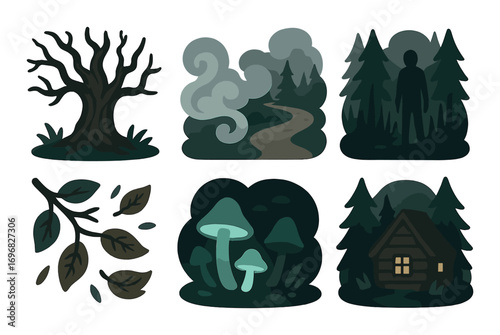 Halloween silhouette icon set. featuring pumpkin, ghost, candle, skeleton, spider web, and spooky banner