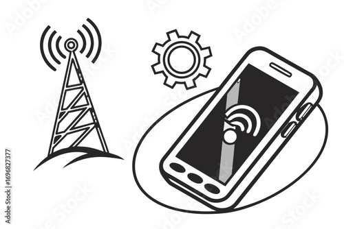 Smartphone with antenna and gear icon, communication concept