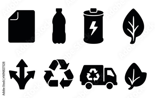 Marine conservation silhouette icon set. featuring fish, coral, bottle, wave, turtle, net, anchor, and water drop symbols