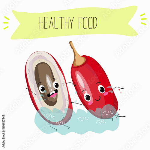 Miracle fruit funny characters, hand drawn vector illustration.
