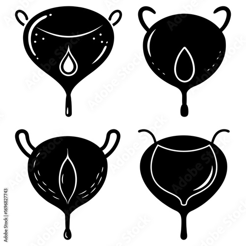 Four bladder illustrations showing different fill levels and anatomical representations in black and white