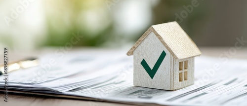 The wooden house model on mortgage documents with keys representing home loan approval