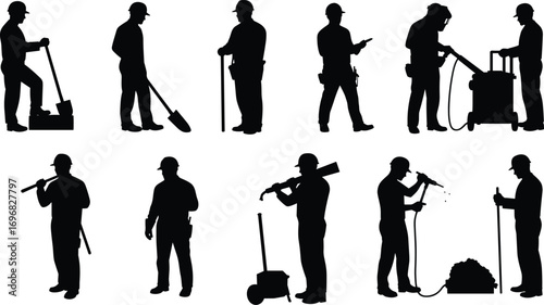 Silhouettes of construction workers using tools, operating machinery, performing labor tasks, drilling, paving, measuring, and working on job site
