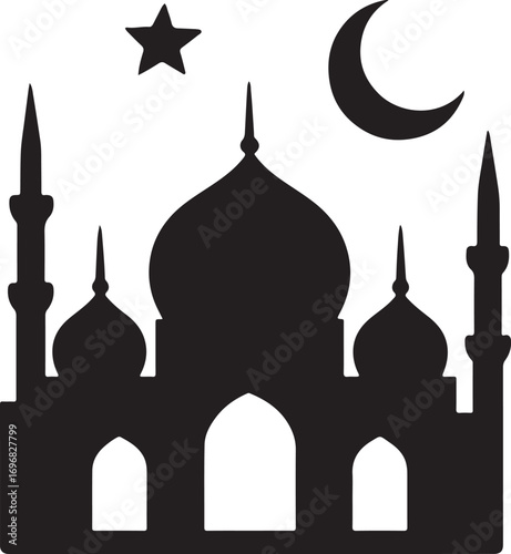 Mosque silhouette at night EPS, Islamic night skyline vector for spiritual and religious design.