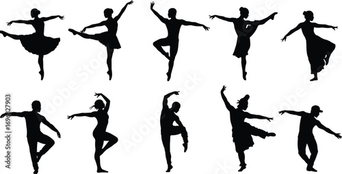 Silhouettes of dancers performing ballet and modern dance poses, graceful movement, artistic dance, expressive dancers, isolated black vector illustration