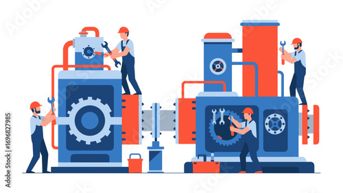 Industrial Maintenance Illustration: Skilled engineers and technicians working together, maintaining and repairing intricate machinery in a dynamic industrial setting.