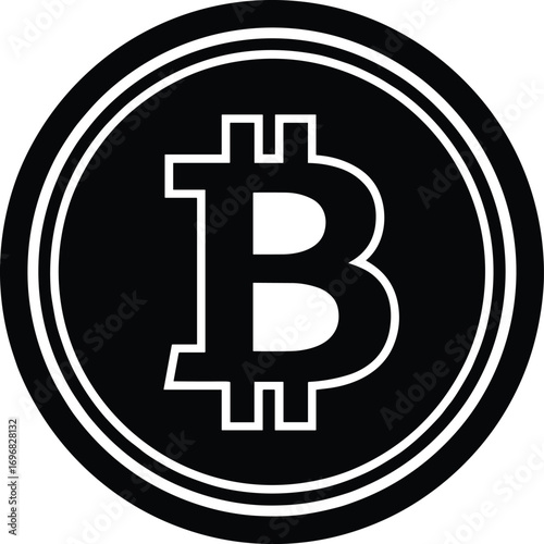 Black silhouette Bitcoin coin icon, cryptocurrency symbol, digital currency, blockchain finance, virtual money, crypto trading, investment concept vector illustration