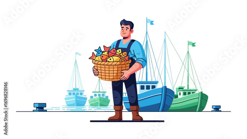 Coastal Harvest: A fisherman stands proudly on a pier, showcasing a bountiful basket of freshly caught fish, his rugged attire hinting at the day's labor, the serene sea stretching out.