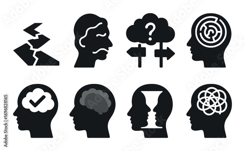 Mental health silhouette icon set. featuring mood, stress, depression, therapy, anxiety, emotions, and wellness symbols