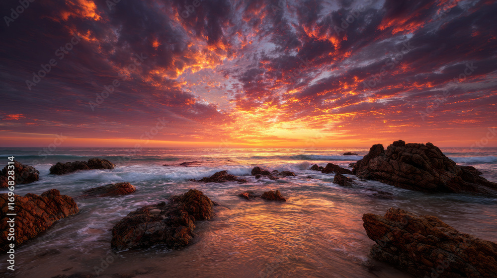 Obraz premium Beautiful seascape with dramatic waves and natural rocky coastline under colorful evening sky.