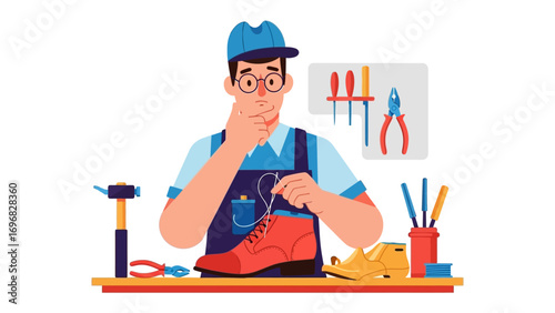 Artisan's Craft: A skilled craftsman meticulously repairs a shoe in his workshop, surrounded by essential tools, highlighting the artistry and precision of his trade.