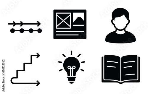 Poetry-themed silhouette icon set. featuring feather, scroll, candle, rose, book, inkwell, moon, heart symbols
