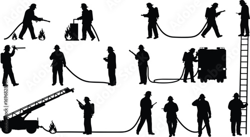 Silhouettes of firefighters using hoses, climbing ladders, spraying fire, emergency rescue, fire truck, teamwork, safety gear, fire safety, extinguishing flames, and rescue operations