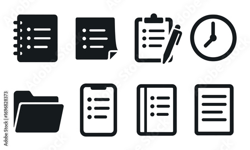 Press and media silhouette icon set. featuring microphone, newspaper, laptop, notebook, id, camera, globe.