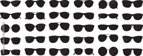 Sunglass silhouette icon set. Men glasses. Sun glasses hipster frame set, fashion black plastic rims.