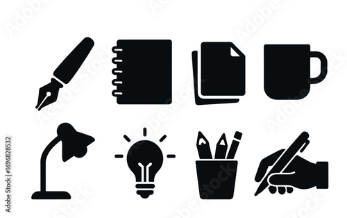 Cozy winter linear icon set. featuring window, mug, dog, lamp, sweater, blanket, soup, books