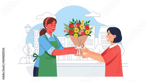 Floral Gift Exchange: Two women interact, with one presenting a beautiful bouquet of flowers, a symbolic gesture of friendship, affection, or appreciation, in an urban setting.