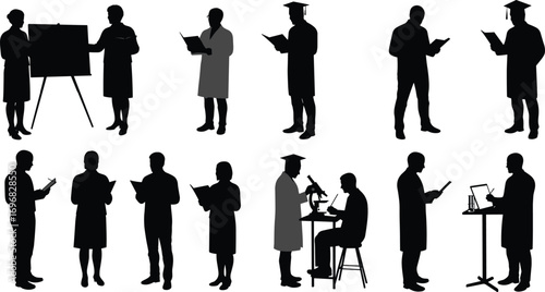 Silhouettes of scientists, students, and teachers studying, researching, presenting data, using microscope, and conducting academic and scientific experiments together
