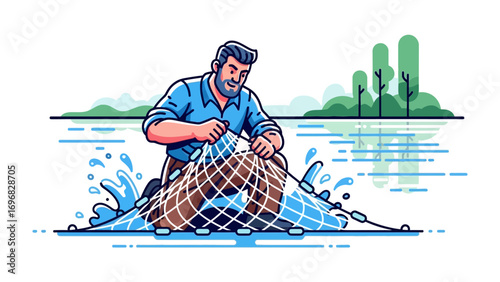 Fisherman with Net: A determined fisherman carefully mends his net, showcasing the dedication and skill required for a day's catch against the backdrop of a serene lake environment.