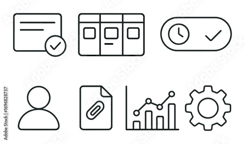 Business process linear icon set. featuring flowchart, innovation, startup, settings, sync, and growth symbols.