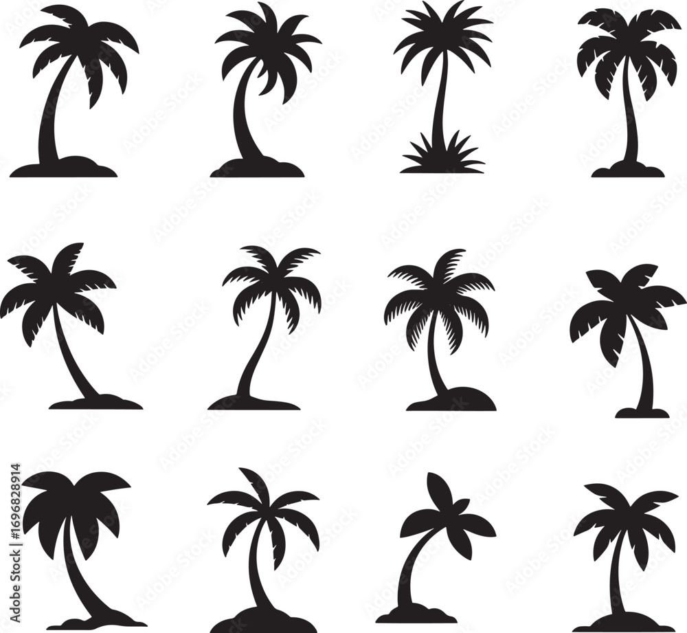 Fototapeta premium Black palm tree set vector illustration on white background silhouette art black white stock illustration