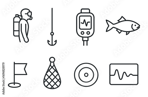 Ice fishing linear icon set. featuring rod, fish, ice auger, hook, gloves, and bait symbols