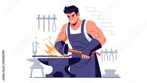The Blacksmith's Craft: A strong blacksmith, focused, in his workshop expertly using a hammer to shape metal on an anvil, depicting craftsmanship.