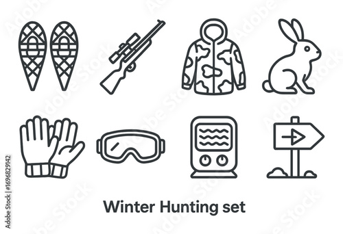 Hunting linear icons set. featuring boots, decoy, blind, dog, duck, and waders symbols