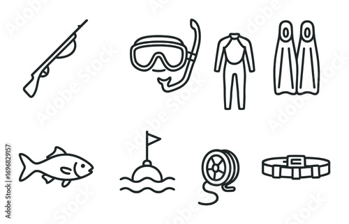 Hunting equipment linear icon set. featuring bow, arrow, quiver, deer, camo mask, belt, scope, tree stand symbols