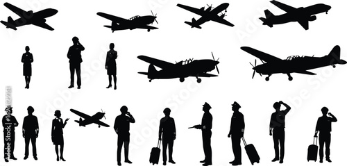 Vintage airplanes, pilot crew silhouettes, airport staff, aviation icons, retro aircraft, old airplanes vector, air travel scene, aviation art