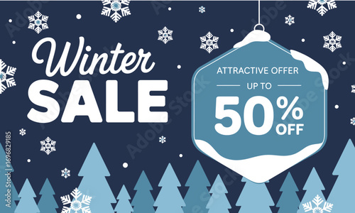 Winter Sale Banner with 50 Percent Discount Promotion, Seasonal Offer Advertisement Template for E-Commerce, Marketing, Online Shopping, and Holiday Clearance in Cold Weather Season