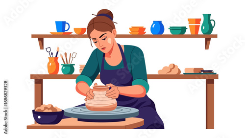 Crafting Beauty: An artisan molds clay on a spinning wheel, showcasing a serene studio environment. The potter's hands meticulously shape the vessel, symbolizing the art of creation.