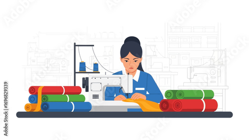 Sewing at Work: A focused professional is immersed in her craft, meticulously operating a sewing machine to create bespoke fabrics, with stacks of vibrant textiles adding a touch of artistry.