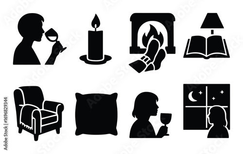 Fitness activities silhouette icon set. featuring yoga, running, treadmill, walking, weights, stretching, exercise ball, push-ups, jump rope