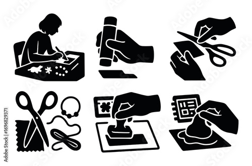 Reading activities silhouette icons set. featuring people reading, bookshelves, chair, lamp, and window scenes