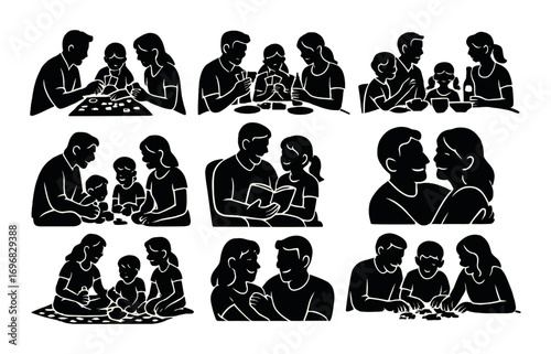 Organizational structure silhouette icon set. featuring hierarchy, team, network, management, and group symbols