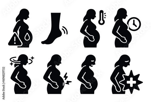 Childbirth silhouette icon set. featuring squatting, water birth, nurse, stopwatch, mask, and newborn symbols