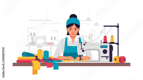The Artisan and the Craft: An artisan is engrossed in the art of sewing, her meticulous hands guiding the needle and thread, with sewing machine and colorful fabrics.