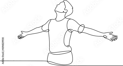 Joyful person with arms outstretched in a single line drawing, celebrating freedom and happiness.