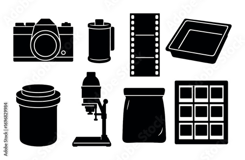 Photography equipment silhouette icons set. featuring lights, umbrella, ring light, backdrop, and light meter