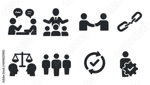 Business operations silhouette icons set. featuring user, group, cloud, sync, link, and analytics symbols