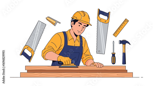 Artisan Crafting: A dedicated artisan, meticulously shaping wood with precision. Surrounded by essential tools, he embodies craftsmanship and skill.