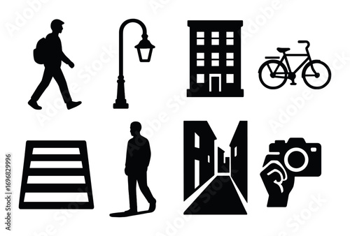 Business planning silhouette icon set. featuring calendar, timeline, checklist, strategy, meeting, target, location