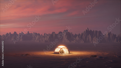 Illuminated tent glows against a twilight sky with distant mountains in a serene outdoor scene